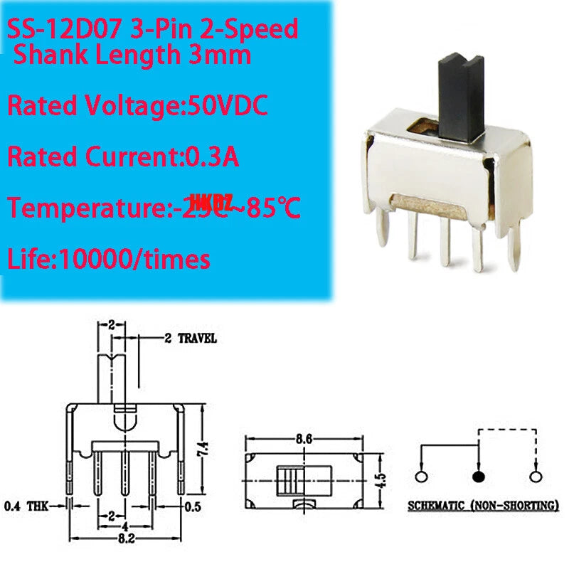 PCB Miniature Toggle Switch SPST — SS-12D10 / SS-12D06 / SS-12D07 / MSK12C01, 3 & 7 Pin, Straight/Bent/DIP/SMD