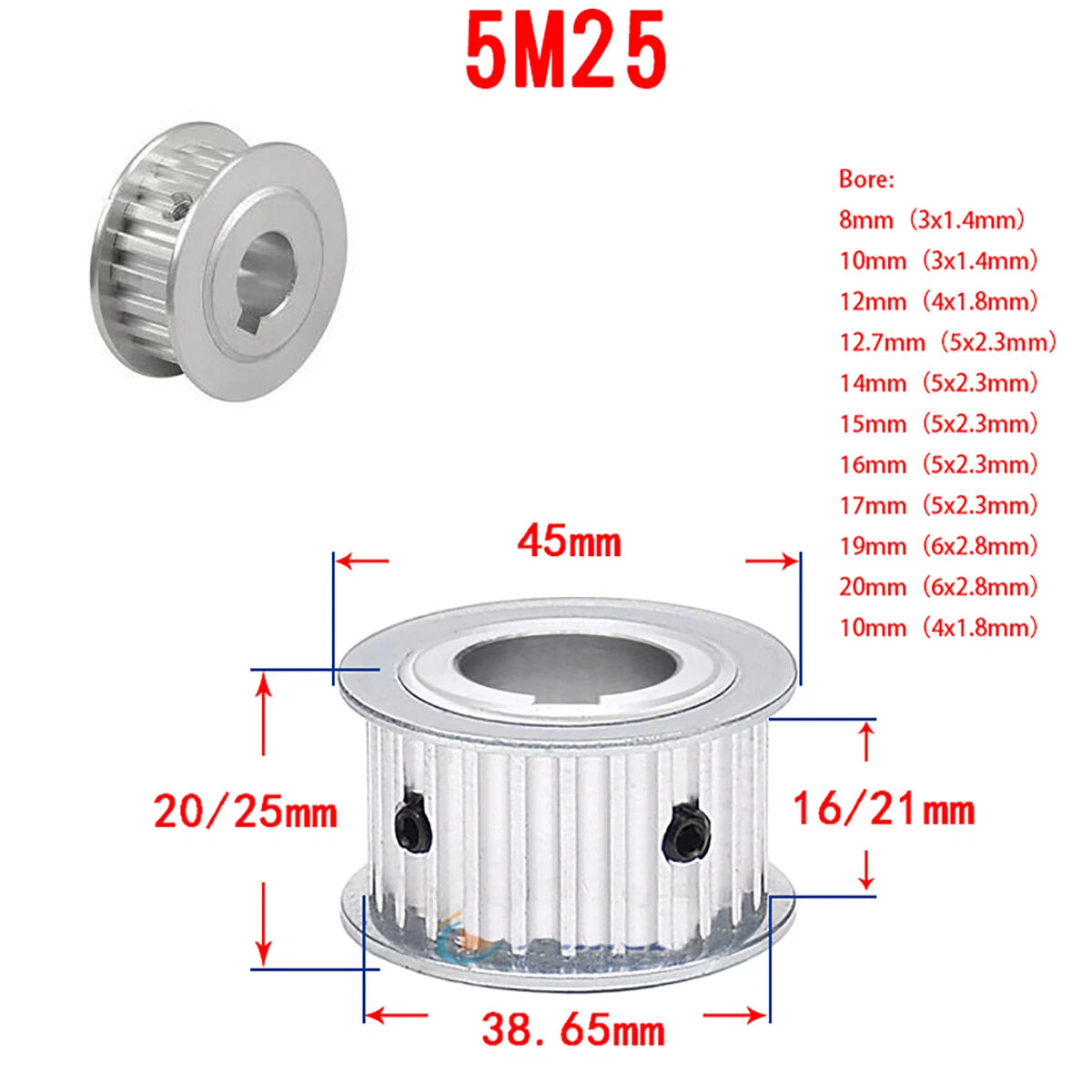 5M Timing Belt Pulley 15T-60T keyway Bore AF-type 16/21mm Belt Synchronous Wheel