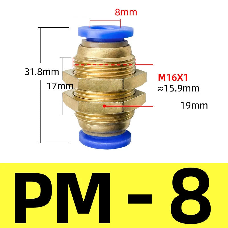 Brass Push-to-Connect Pneumatic Bulkhead Union Fittings — 4mm 6mm 8mm 10mm 12mm