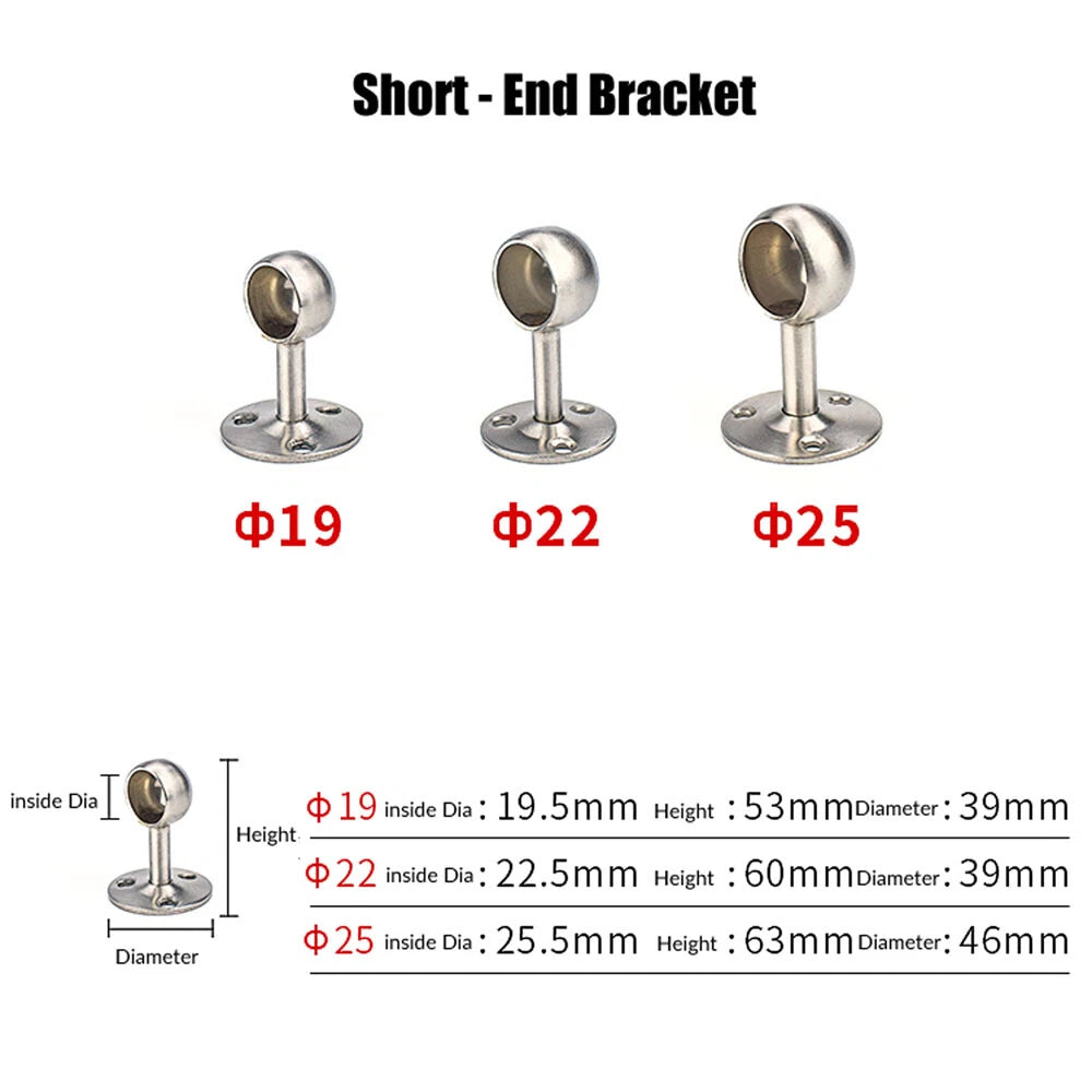 Stainless Steel Wardrobe Rail Brackets & Sockets — End & Centre, Short & High Profile
