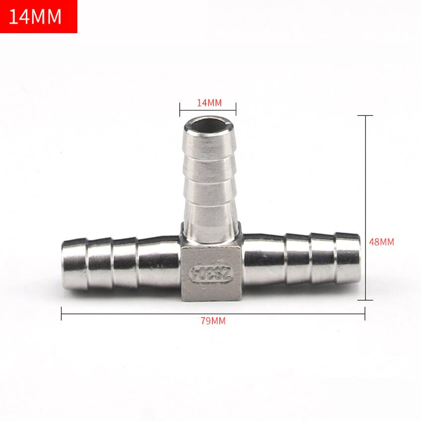 Stainless Steel Barbed T-Piece 3-Way Hose Joiner Connector — Fuel, Air, Water & Oil Lines
