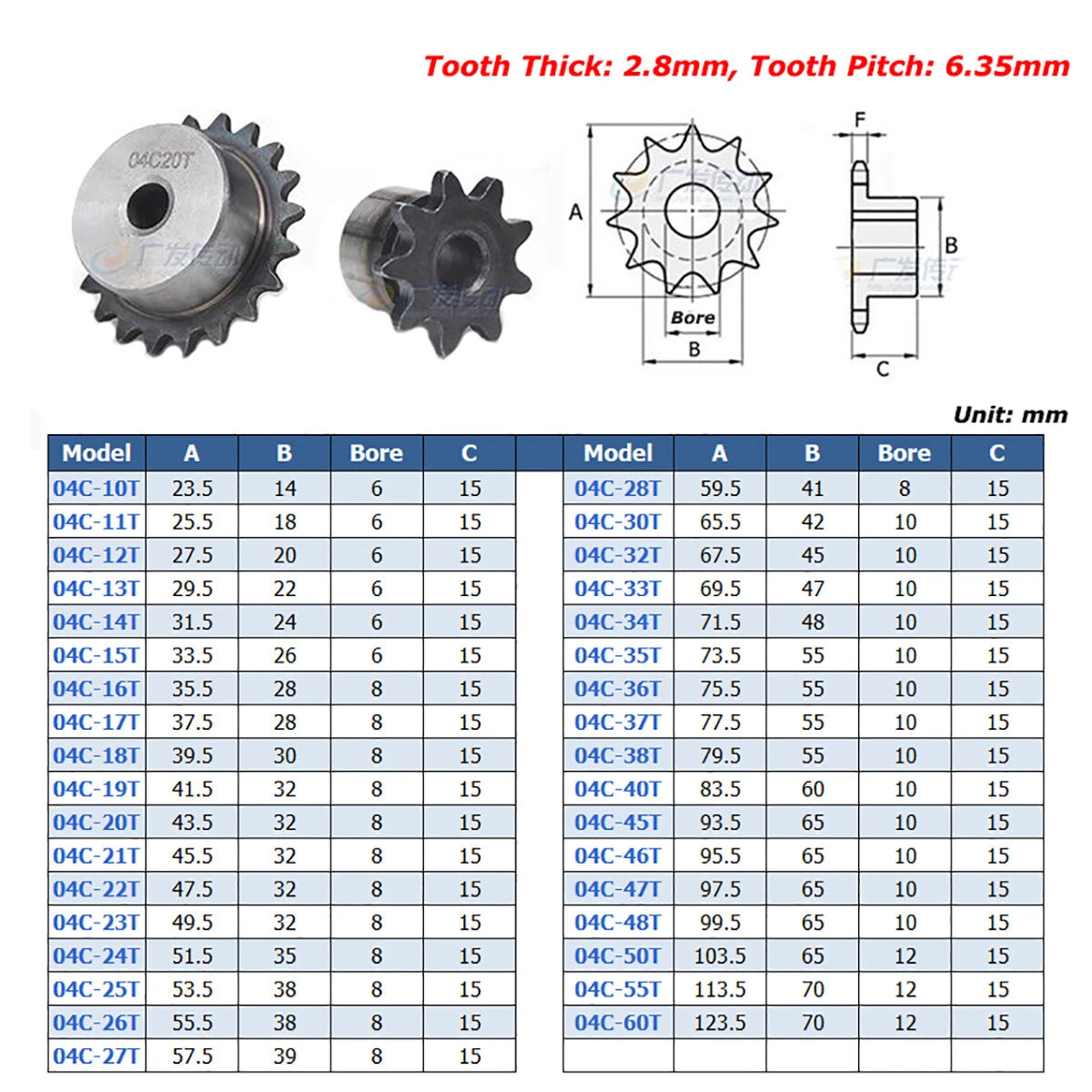 04C 05B 06B 08B 10A 12A Roller Chain Sprocket 10T-60T Tooth Transmission Gears