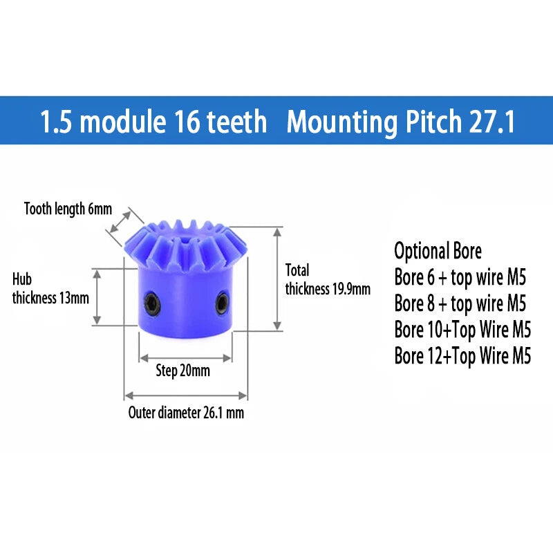 1/1.5/2 Mod Bevel Gear 15T-30T 90°1:1 Pairing Plastic Nylon Transmission Gear