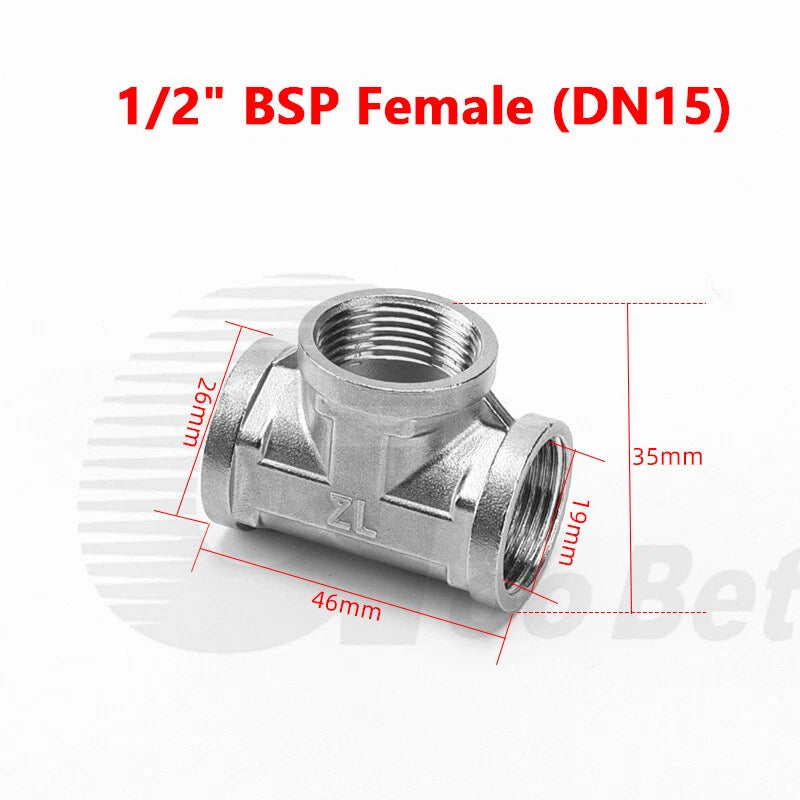 Stainless Steel Equal Tee BSP Pipe Fitting | 1/2" 3/4" 1" Female & Male Thread