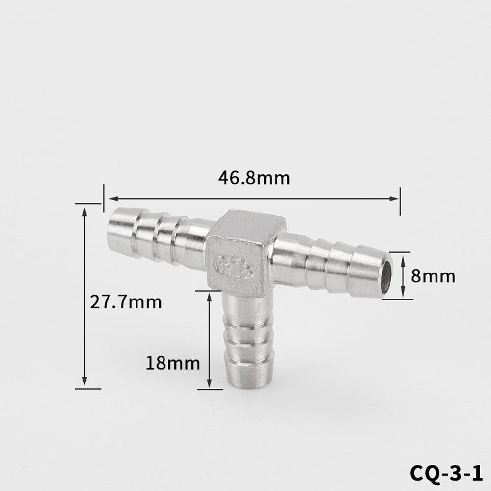 Stainless Steel T Hose Barb Tee Connector — 8mm to 32mm, Water & Gas Pipe Fitting