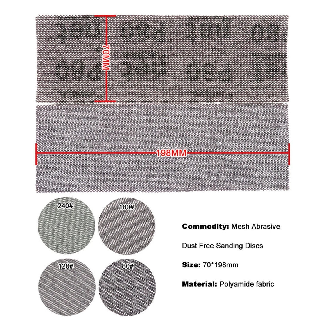 70x198mm Mesh Sanding Sheets — P80 to P1000 Grit Hook & Loop Sandpaper for Detail Sanders