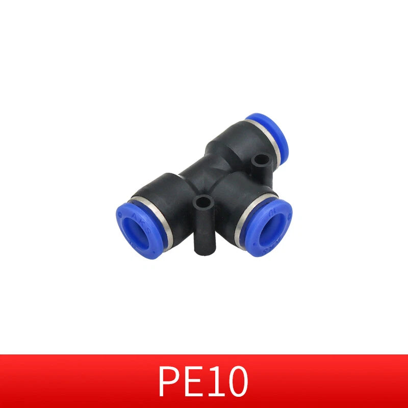 Pneumatic Push-in T-Shape 3-Way Fitting — Air Water Tube Connector PE4–PE16 & Reducing
