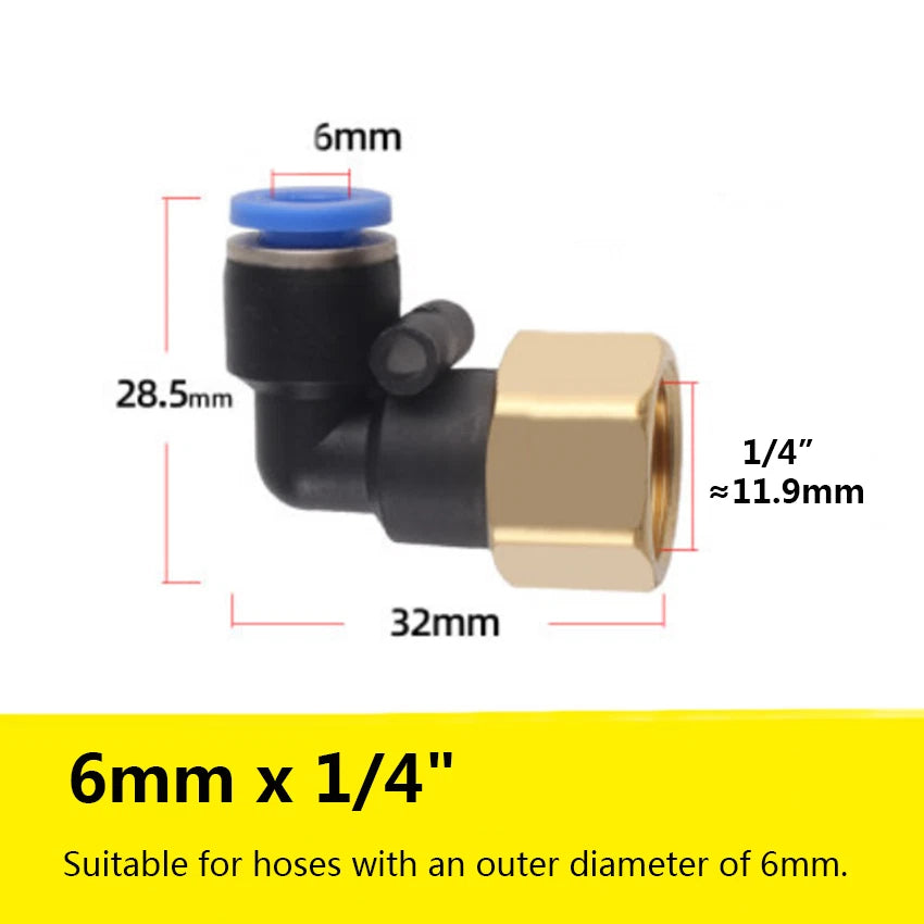 90° Elbow Push-to-Connect Pneumatic Fitting — 4mm to 12mm Hose OD, Female Thread