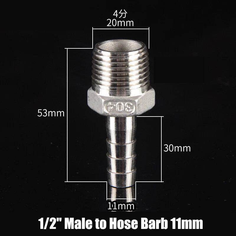 BSP Stainless Steel Male Hose Barb Fitting — 1/2" & 3/4" to Barb Connector