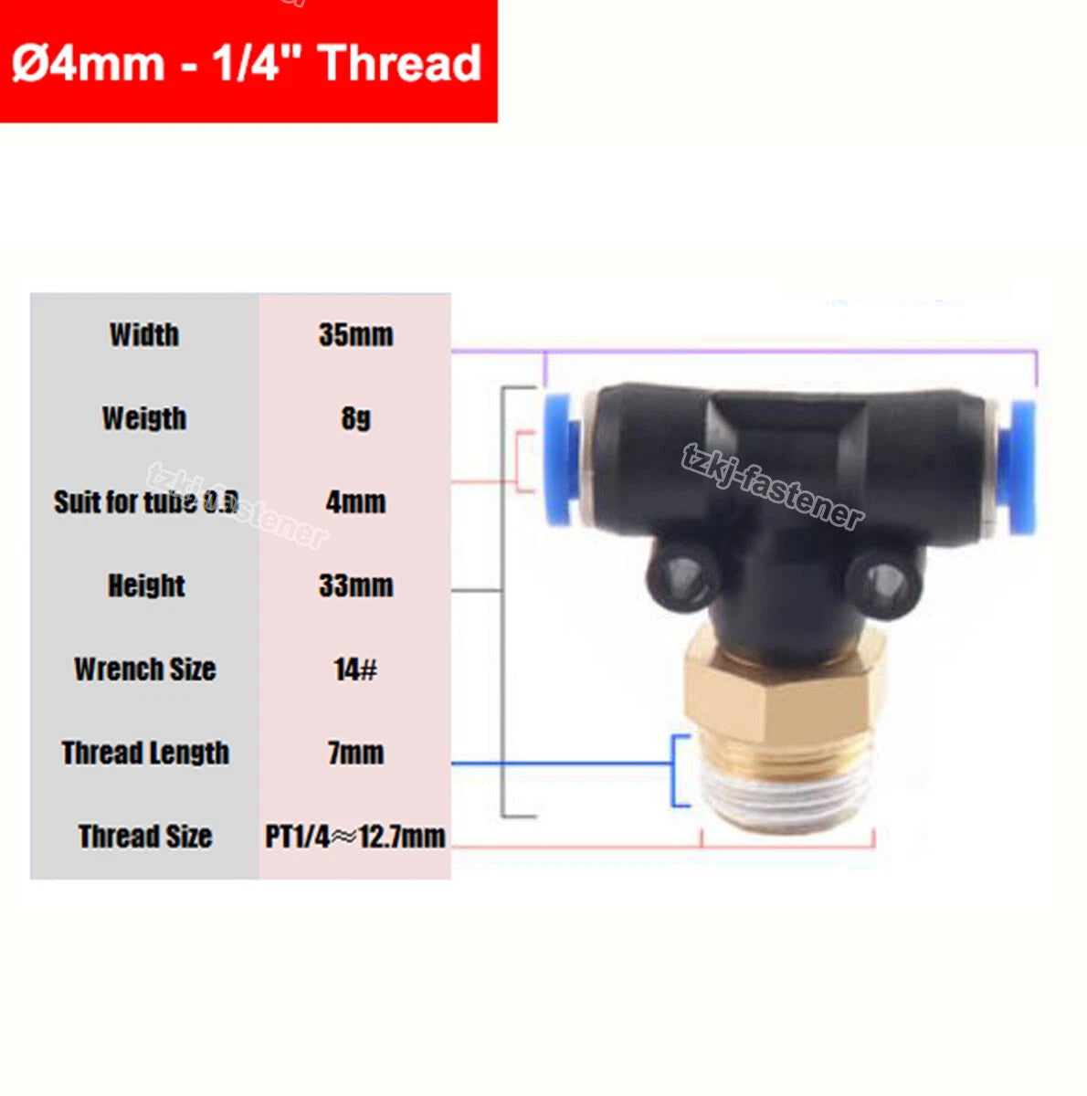Pneumatic Tee "T" Connector BSP Male Thread 4mm-16mm Hose Tube Push-In Fittings