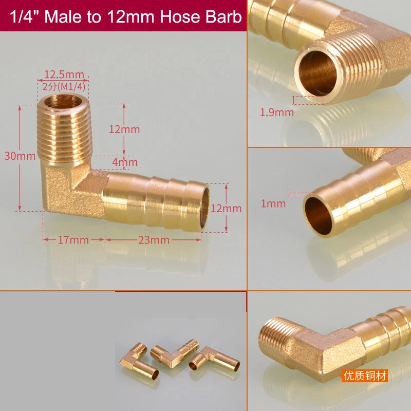 Brass Hose Barb Elbow Fittings — Male BSP to Metric Barb, 1/8" to 3/4" BSP