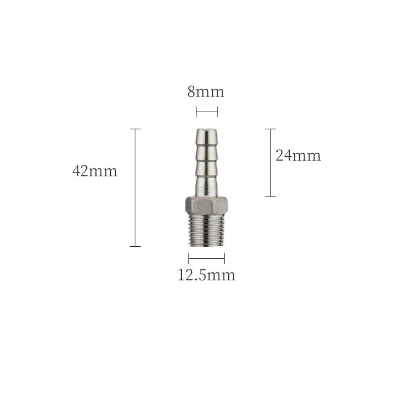 A2 Stainless Steel Straight Barb Hose Connector — Male Thread, 6mm to 20mm Tubing