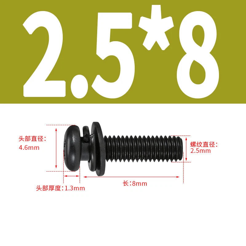 Black Zinc Pan Head Machine Screws with Washers, M2–M6 Pozi Phillips Drive