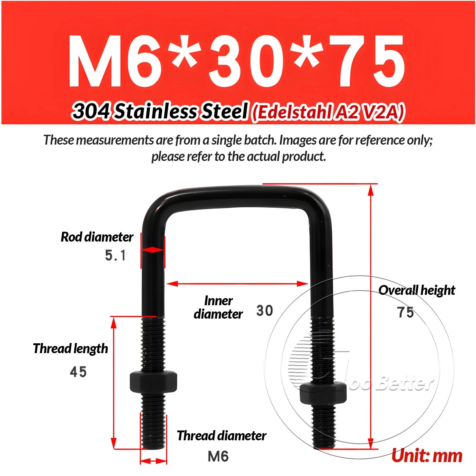 M6 M8 M10 Square U-Bolts Black 304 Stainless Steel with Nuts For Boat Trailer