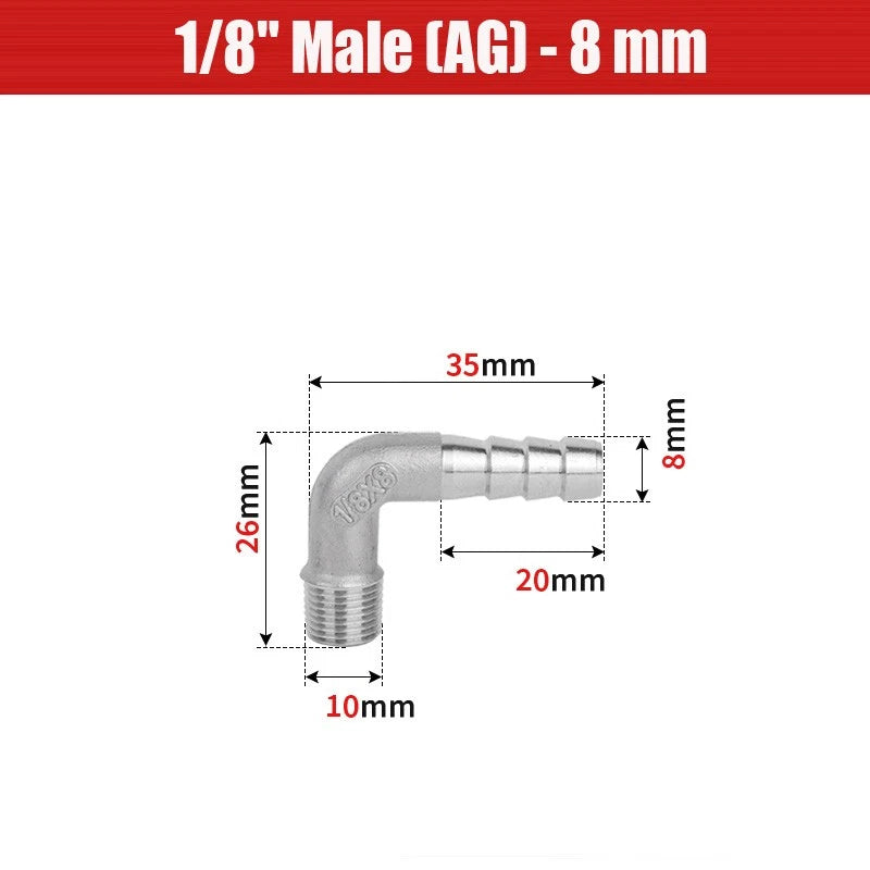 BSP Male Elbow Barbed Hose Connector — Stainless Steel, 1/8" to 1/2", 6–16mm
