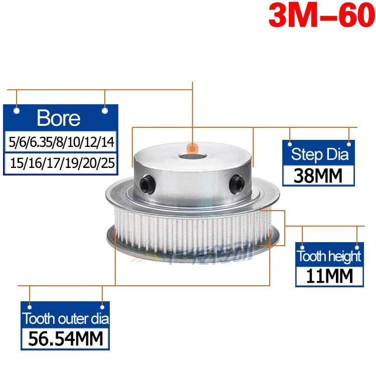 3M 15T-60T Timing Belt Pulley Synchronous Wheel Sprockets For 10mm Width Belt