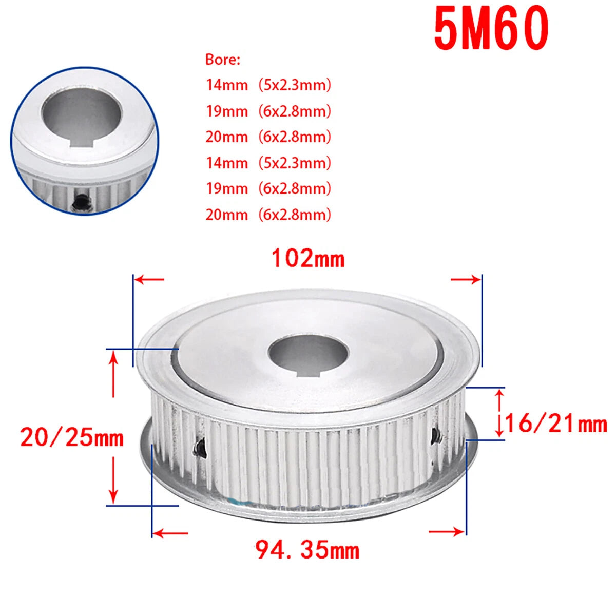 5M Timing Belt Pulley 15T-60T keyway Bore AF-type 16/21mm Belt Synchronous Wheel