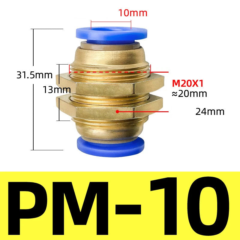 Brass Push-to-Connect Pneumatic Bulkhead Union Fittings — 4mm 6mm 8mm 10mm 12mm