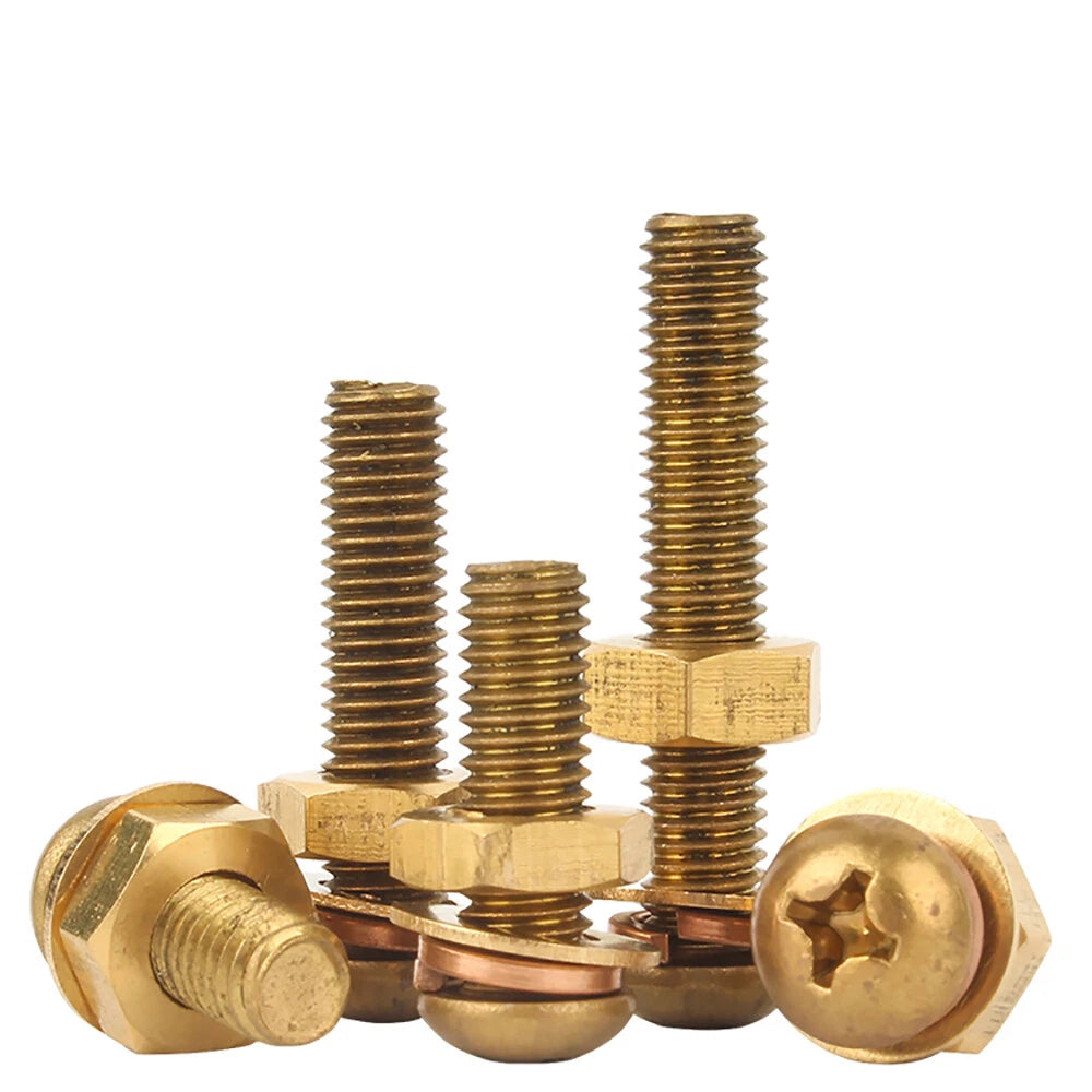Brass Pan Head Phillips Machine Screws with Nuts & Washers M3 M4 M5 M6 M8 — 4mm to 60mm, Packs of 1–50
