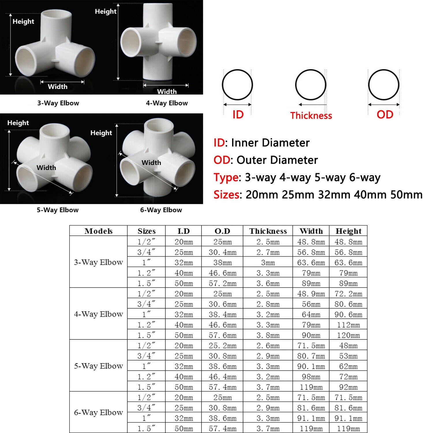 PVC 3 4 5 6-Way Elbow Connector Direct Pipe Fittings 20-110mm White Blue Grey