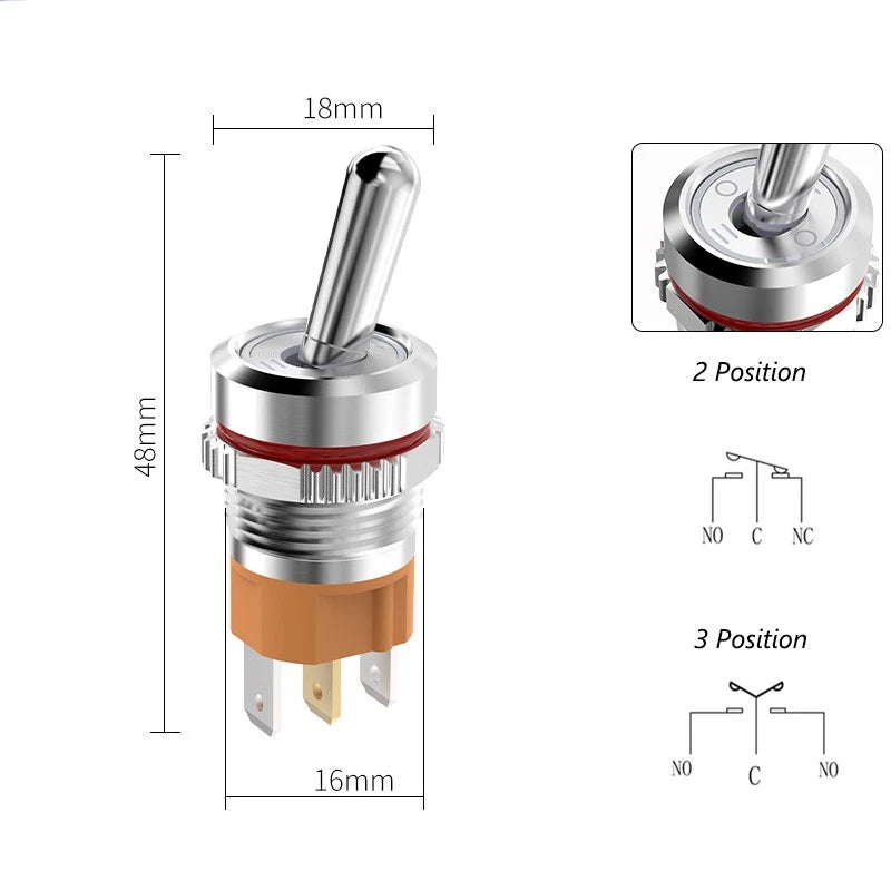 16mm LED Toggle Switch ON/OFF 2/3 Position Chrome Brass Black Oxide 20A 250VAC Waterproof