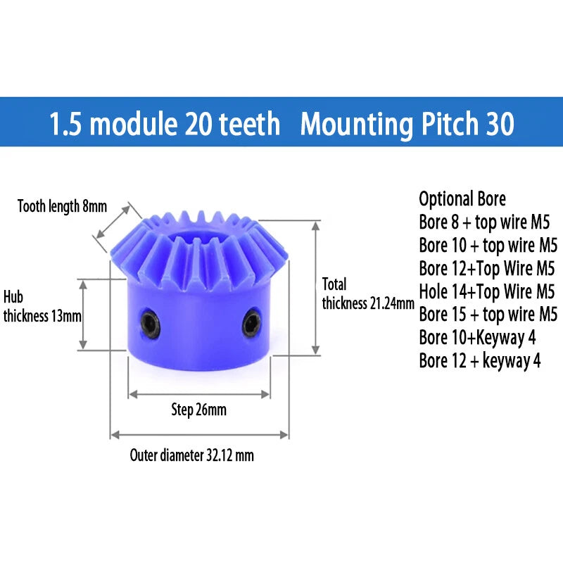 1/1.5/2 Mod Bevel Gear 15T-30T 90°1:1 Pairing Plastic Nylon Transmission Gear