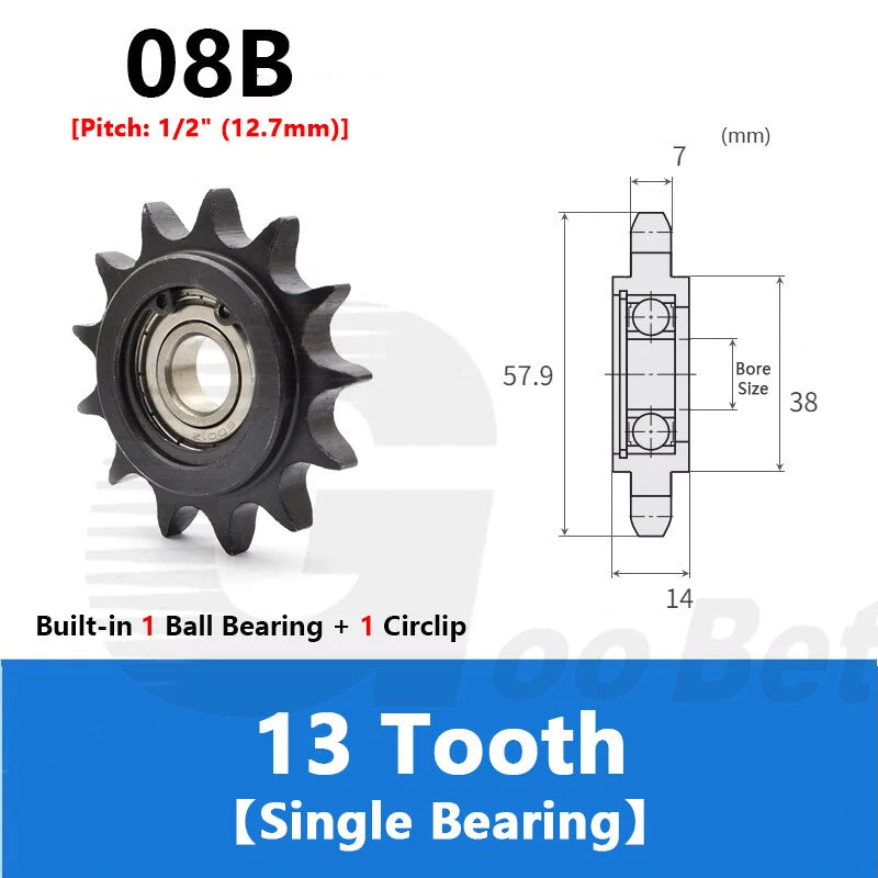 1/2" Pitch Steel Idler Sprocket with Ball Bearing for 08B Roller Chain Tensioner
