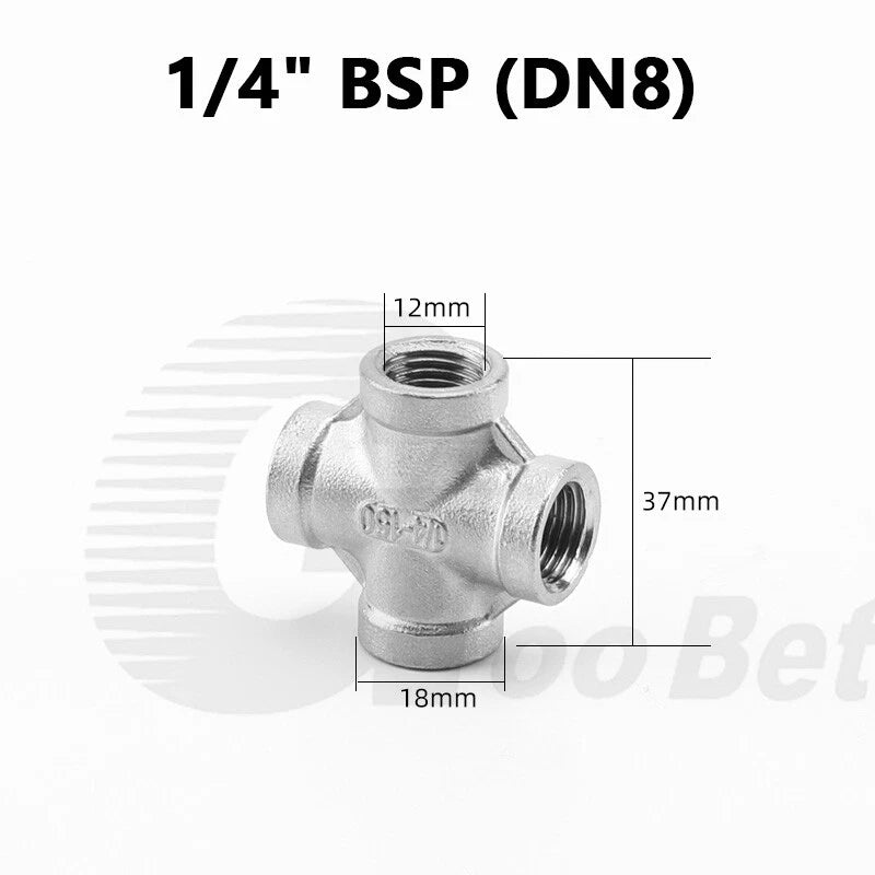 Stainless Steel Cross 4-Way Pipe Fitting | BSP Female Thread | 1/4" to 2"