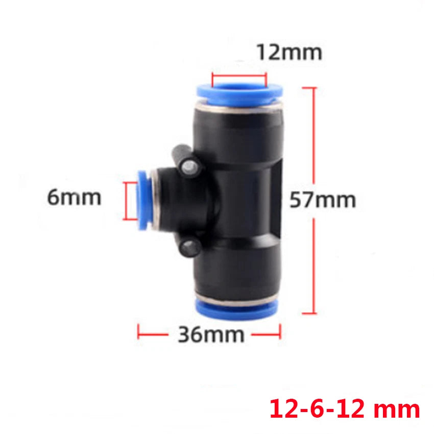 Reducer Tee Push-In Fittings for Pneumatic Air Tube — 4 to 16mm