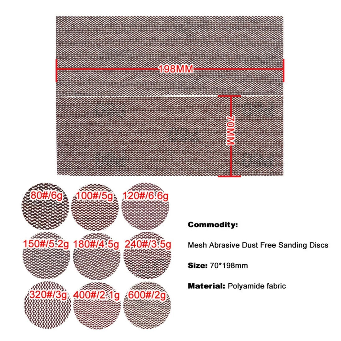 70x198mm Mesh Sanding Sheets — P80 to P1000 Grit Hook & Loop Sandpaper for Detail Sanders