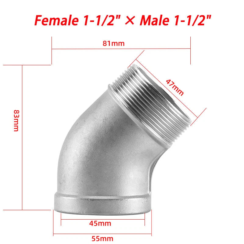 Stainless Steel 304 BSP 45° Elbow Pipe Fitting — Threaded Male × Female & Female × Female