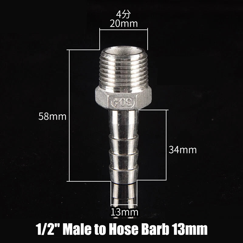 BSP Stainless Steel Male Hose Barb Fitting — 1/2" & 3/4" to Barb Connector