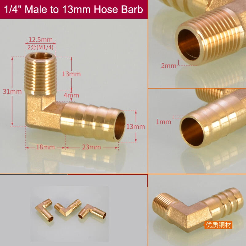 Brass Hose Barb Elbow Fittings — Male BSP to Metric Barb, 1/8" to 3/4" BSP