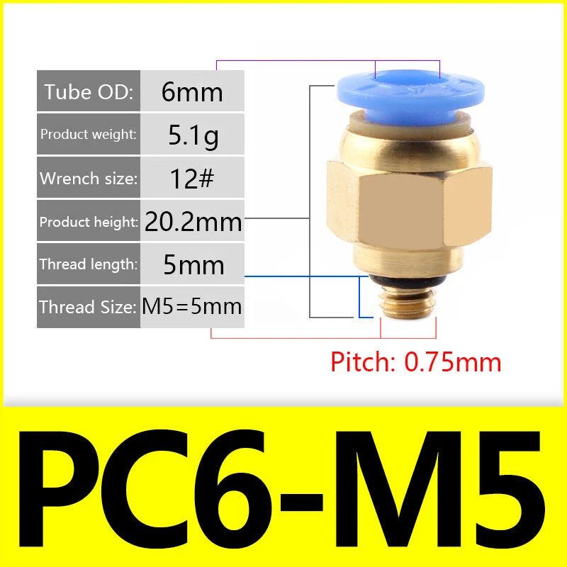Pneumatic Straight Male Stud Push-to-Connect Fitting | PC4–PC12 × M5–M16
