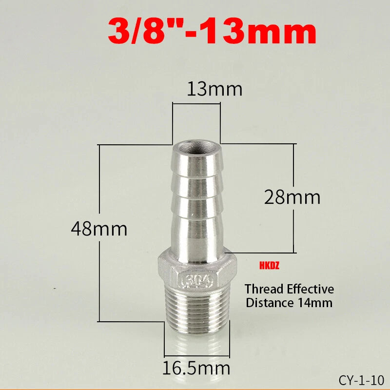 304 Stainless Steel Male Thread Barb Hose Tail Connector | 1/8" to 3/8" NPT