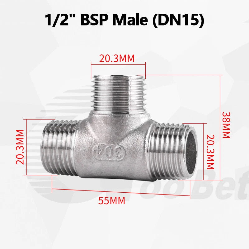 304 Stainless Steel BSP Tee Pipe Fitting — Male & Female Thread, 1/2" to 2"