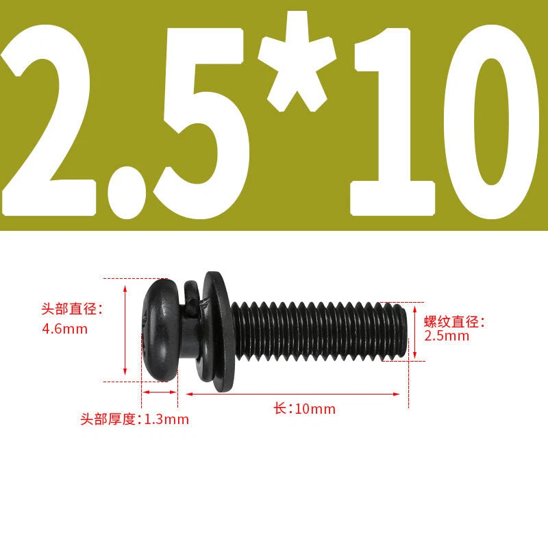 Black Zinc Pan Head Machine Screws with Washers, M2–M6 Pozi Phillips Drive