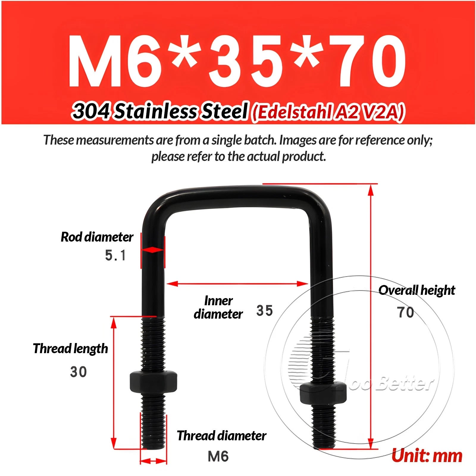 M6 M8 M10 Square U-Bolts Black 304 Stainless Steel with Nuts For Boat Trailer