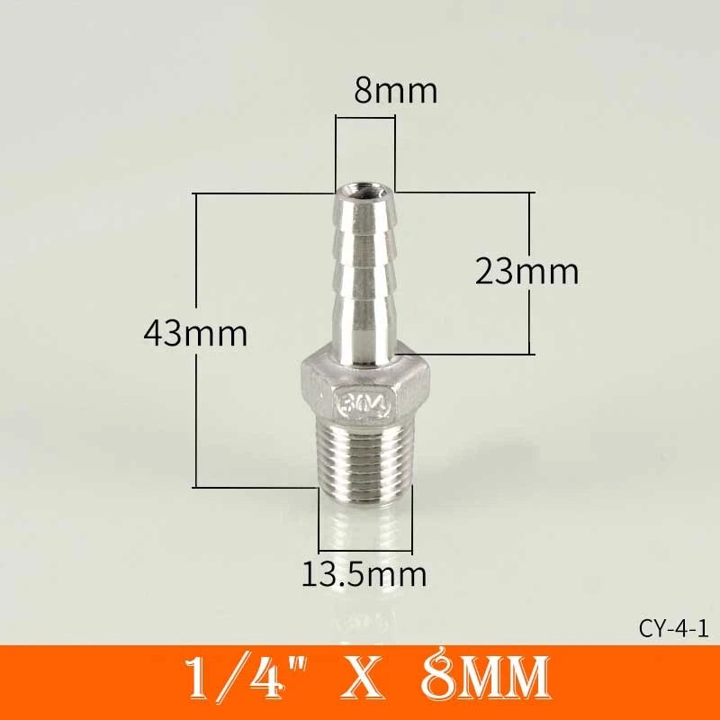 Stainless Steel BSP Male Thread x Barb Hose Tail Connector | 1/8" to 4"