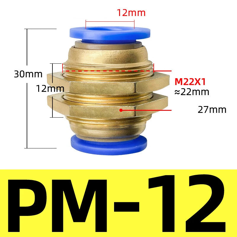 Brass Push-to-Connect Pneumatic Bulkhead Union Fittings — 4mm 6mm 8mm 10mm 12mm