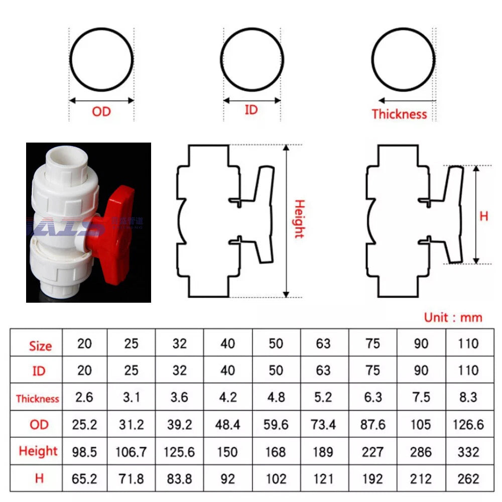 PVC Ball Valve Double Union Socket Solvent Weld 20mm to 110mm Plumbing Fittings