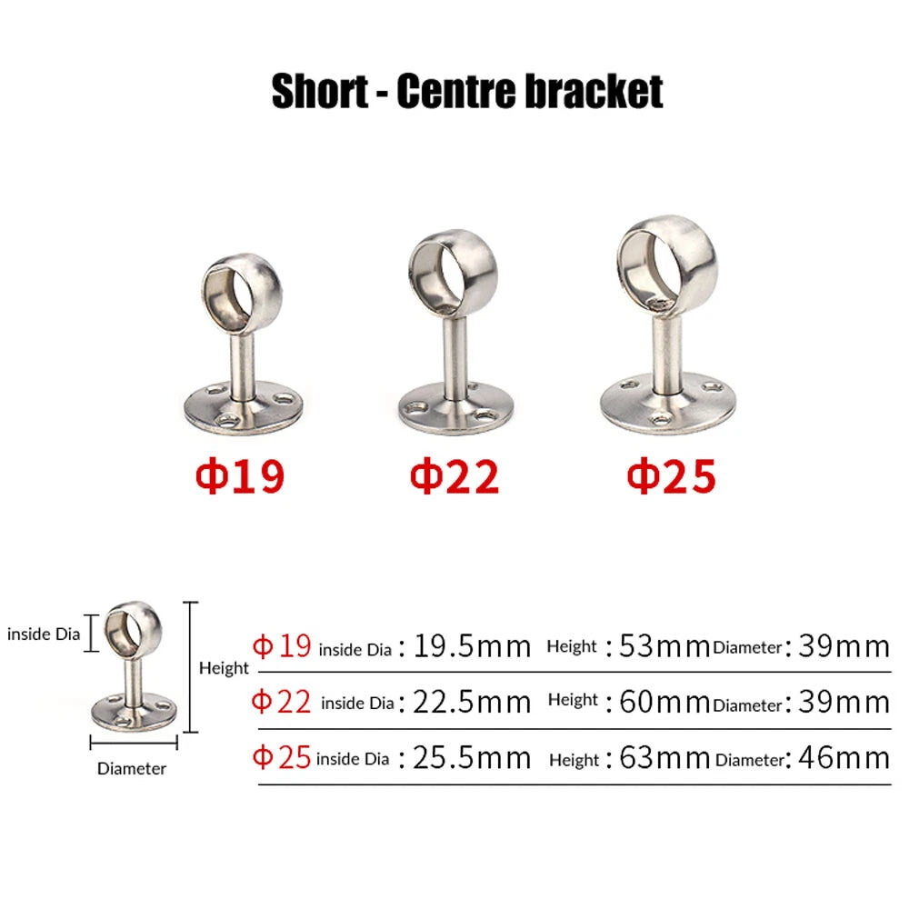 Stainless Steel Wardrobe Rail Brackets & Sockets — End & Centre, Short & High Profile