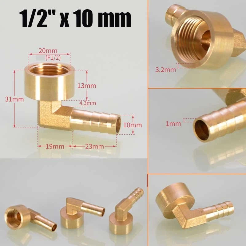 Brass 90° BSP Female Elbow with Barbed Hose Tail — 1/4", 3/8", 1/2" Pipe Fittings
