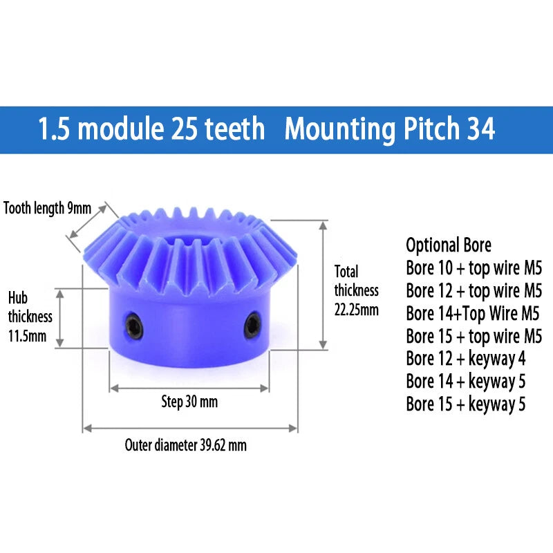 1/1.5/2 Mod Bevel Gear 15T-30T 90°1:1 Pairing Plastic Nylon Transmission Gear