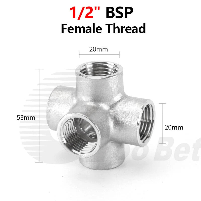 BSP Female 5-Way Pipe Fitting – Stainless Steel Elbow Connector Adapter, 1/4" to 2"