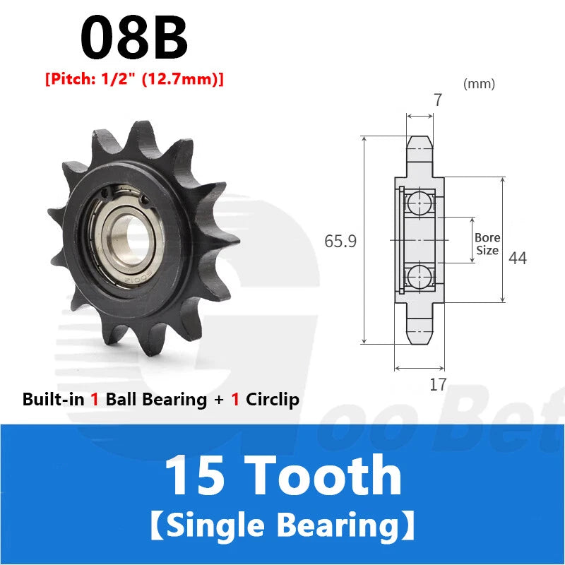1/2" Pitch Steel Idler Sprocket with Ball Bearing for 08B Roller Chain Tensioner