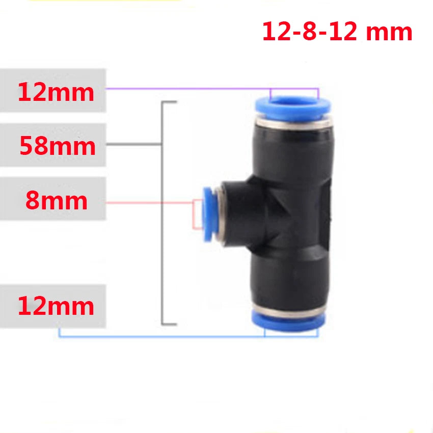Reducer Tee Push-In Fittings for Pneumatic Air Tube — 4 to 16mm
