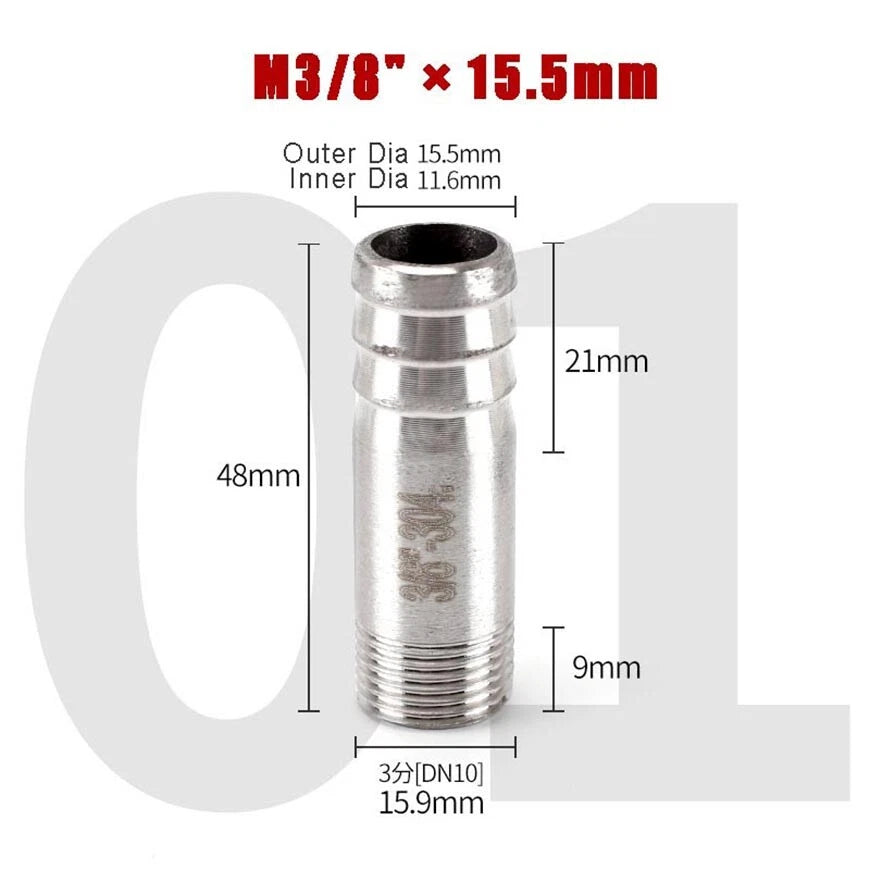 BSP Stainless Steel Barbed Hose Joiner Connector Tail — 1/8" to 4" Pipe Fitting