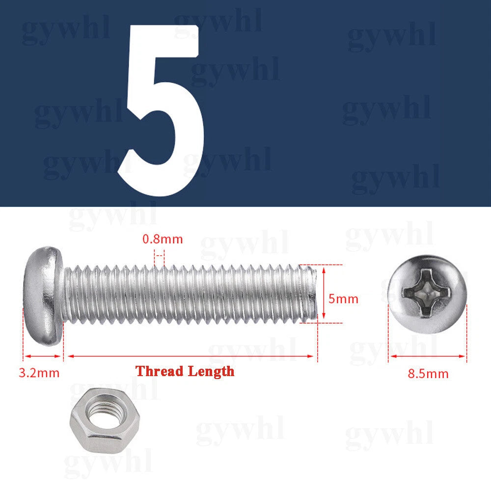 A2 Stainless Steel Pan Head Phillips Machine Screws + Nuts Set – DIN 7985, M2 to M10 (3–100mm Lengths)