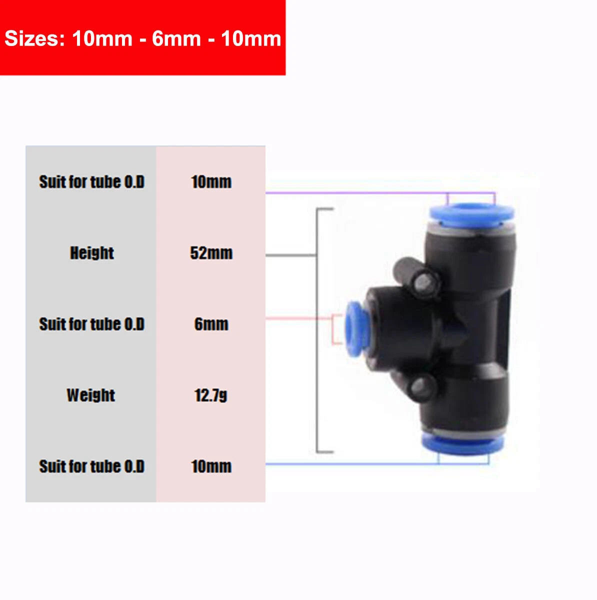 Nylon Pneumatic Reducer Tee 3-Way Connector Hose Tube Inline Push-In Fittings